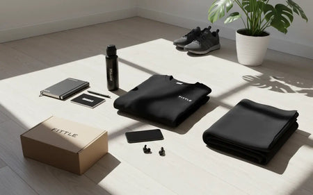 Fittle premium gift pack styled in natural light in a modern home, including black sweatshirt, workout mat, branded water bottle, notebook, and Fittle gift box