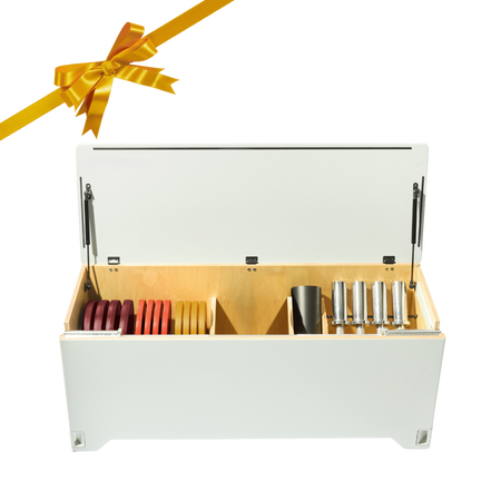 Soft grey Fittle box open with a gift bow 