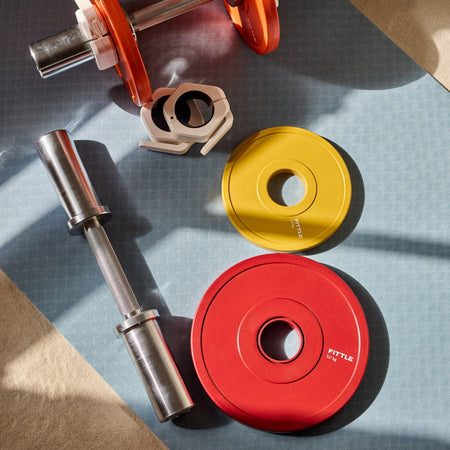 Fittle weight plates, adjustable dumbbell handle, and collars on a blue yoga mat in dappled sunlight. 
