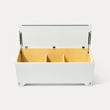 Open and empty Fittle home gym storage box for weights in soft grey.