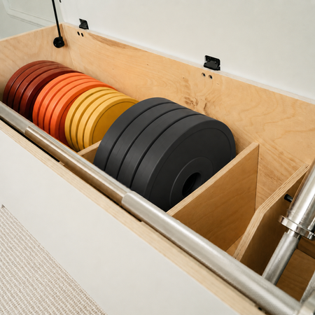Four 10kg Fittle weight plates stored inside the Fittle Box home gym alongside colour-coded strength training plates.