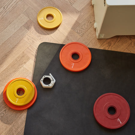 Fittle Weight plates on a wood floor in a modern interior. 