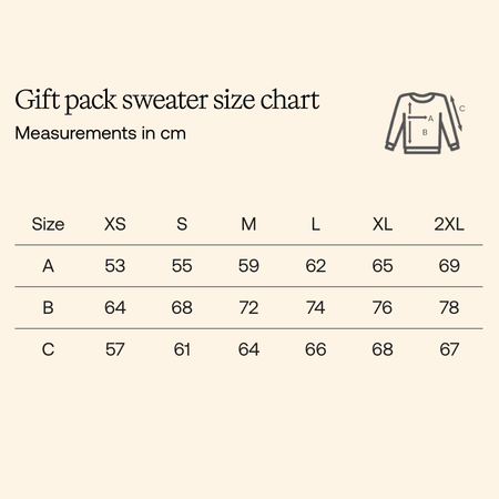 Fittle gift pack sweatshirt size chart with garment measurements in centimetres for XS to 2XL, showing chest width, body length, and sleeve length