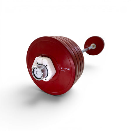 Barbell with four red Fittle weight plates on each side on a white background. 