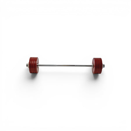 Barbell with red weight plates on a white background