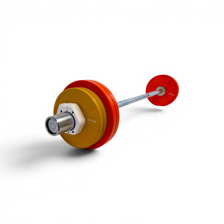 Fittle Barbell with orange and yellow weight plates and cream barbell collars on a white background.