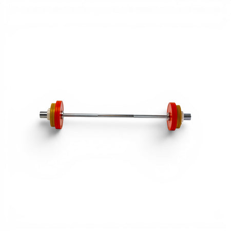 Barbell with orange and yellow weight plates on a white background