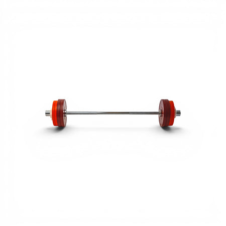 Barbell with red and orange weight plates on a white background