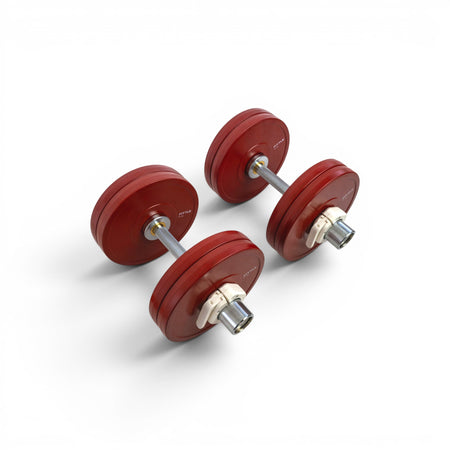 Pair of Fittle adjustable dumbbells with red weight plates on a white background