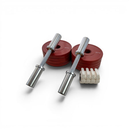 Fittle adjustable dumbbells with red weight plates and white bar collars on a white background 