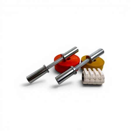 Two Fittle dumbbell handles, 4 orange weight plates, 4 yellow weight plates, and 4 bar collars on a white background.