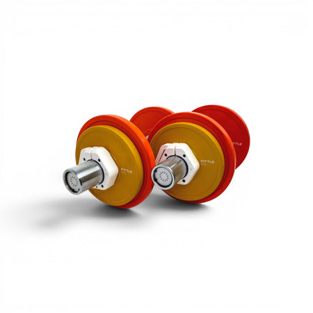 Pair of adjustable orange and yellow dumbbells on a white background
