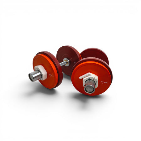 Pair of red and orange dumbbells on a white background