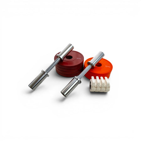 Two Fittle dumbbells with red and orange weight plates and bar collars on a white background