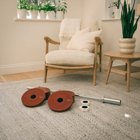 Barbell with red Fittle weights on a carpeted floor in a living room setting.