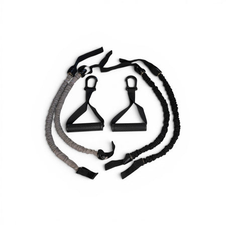 Fittle resistance bands and handles on a white background.